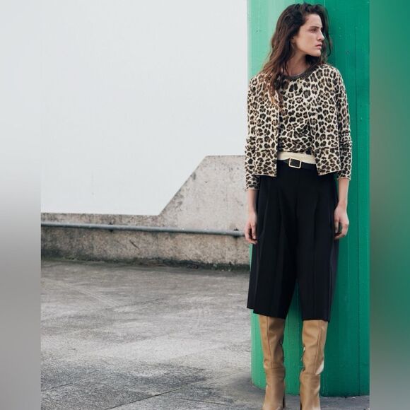 ZARA JACQUARD KNIT ANIMAL PRINT JEWELED NECKLINE CARDIGAN - Picture 6 of 9